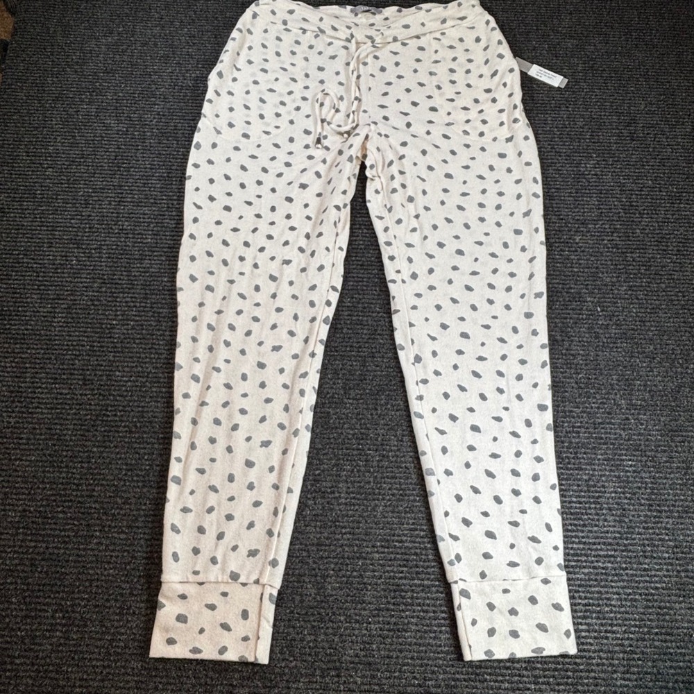 Tart Collections Women Ivory‎ Grey Polka Dot Ribbed Knit Joggers Lounge Pants L